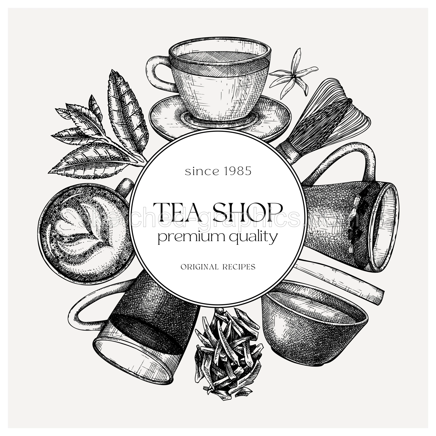 Hand sketched tea drinks round design. Vintage teacups, glasses, leaves, flowers hand drawings wreath. Tea beverages card or invitation template. For recipe, menu, label, packaging.  Illustration